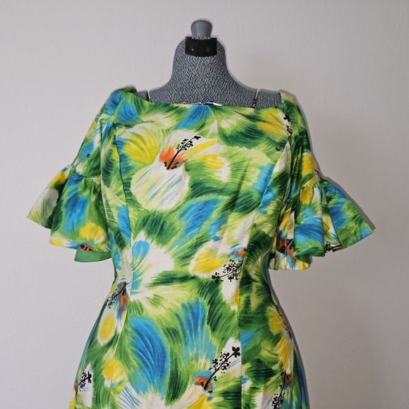 Vintage 50s 60s Kamehameha Hawaiian Mermaid Maxi Dress with Flutter Sleeves Sz S - Picture 16 of 16